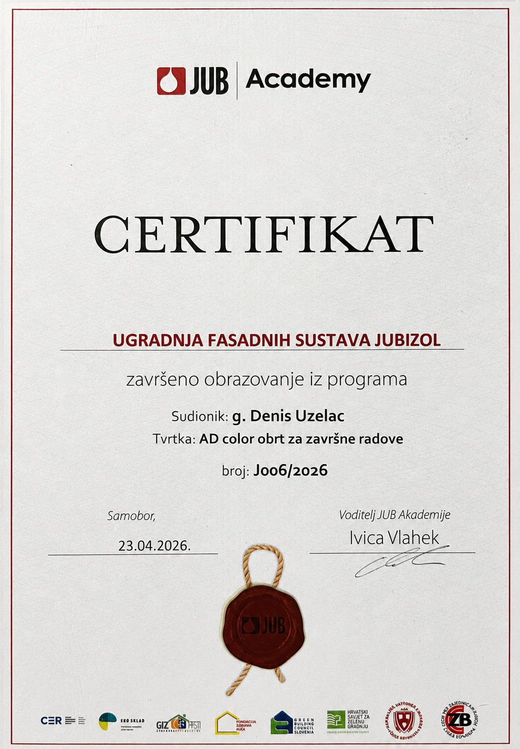 JUB Academy certifikat za ugradnju JUBIZOL fasadnih sustava